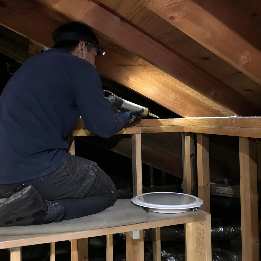 Technician performing professional attic air sealing with caulk in a crawlspace nationwide
