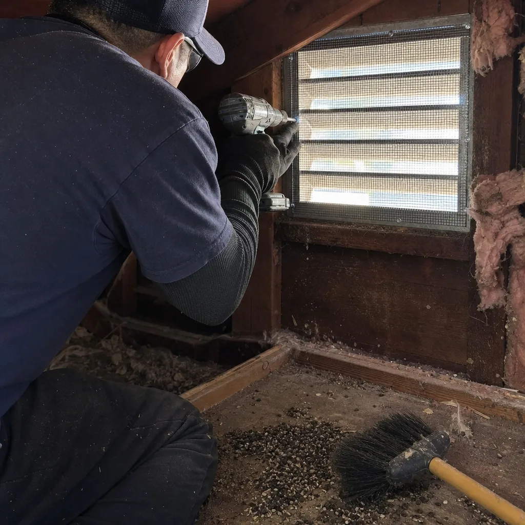 Technician in hazmat suit performing attic cleaning and rodent proofing services. nationwide
