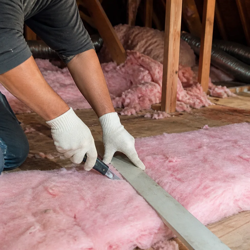 Professional technician installing blown-in attic insulation for home energy efficiency