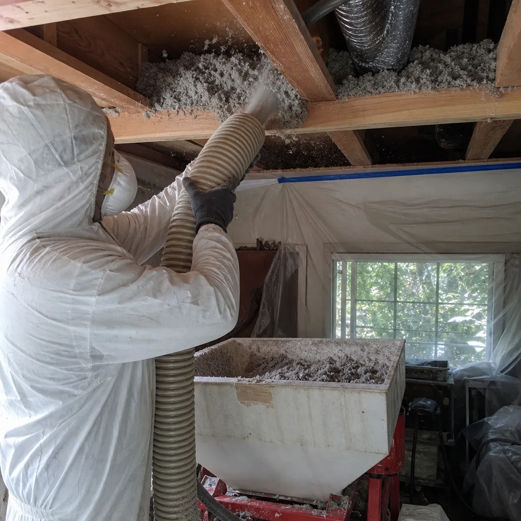 Professional contractor installing blown-in attic insulation with industrial equipment.
