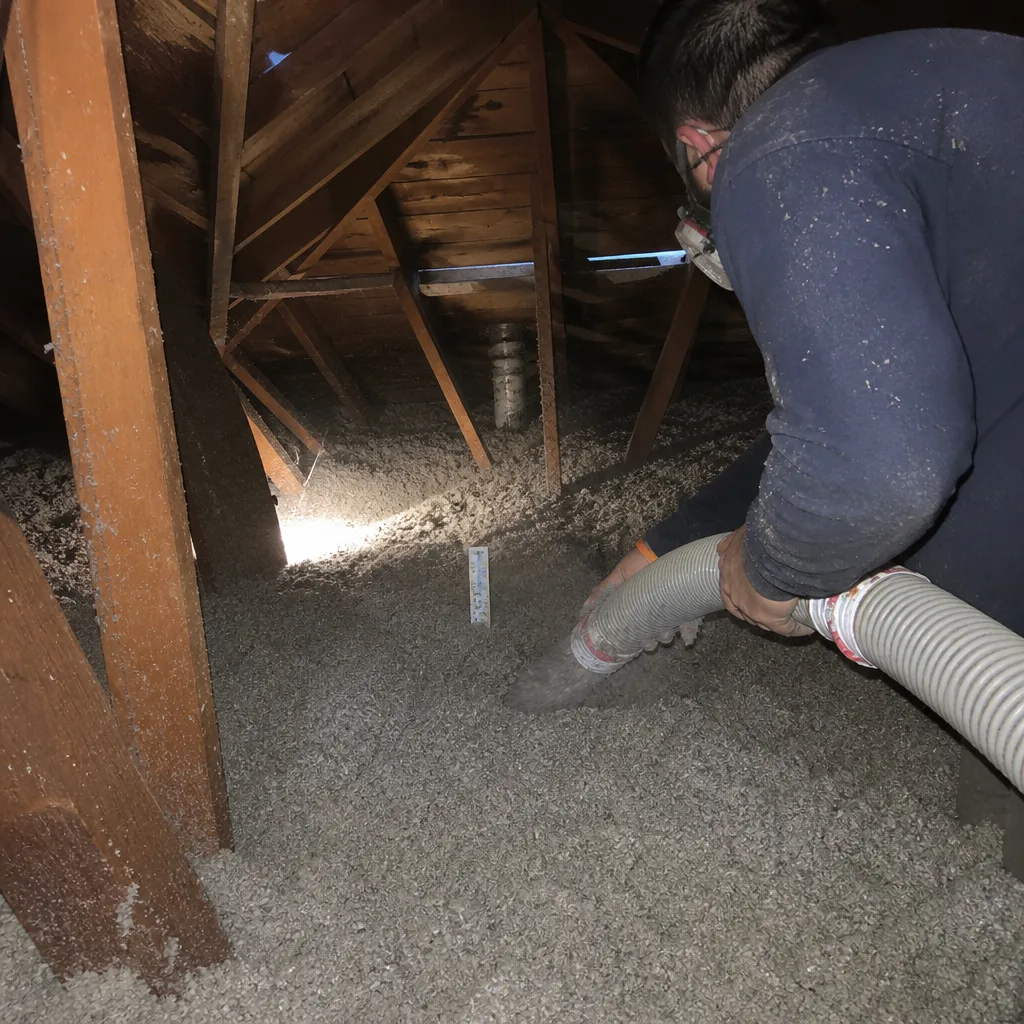 Technician installing blown-in attic insulation for improved home energy efficiency