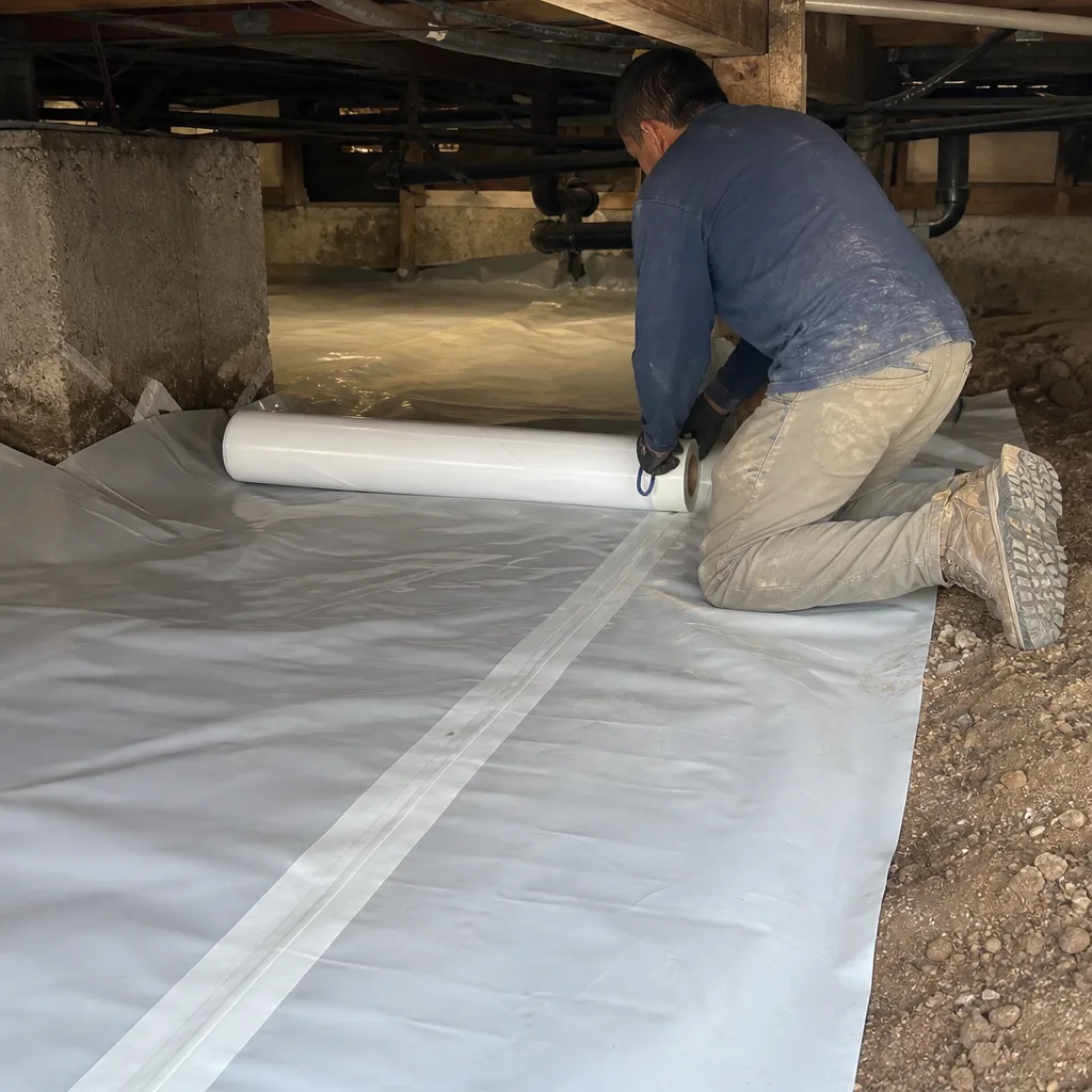Professional installing crawl space encapsulation and vapor barrier