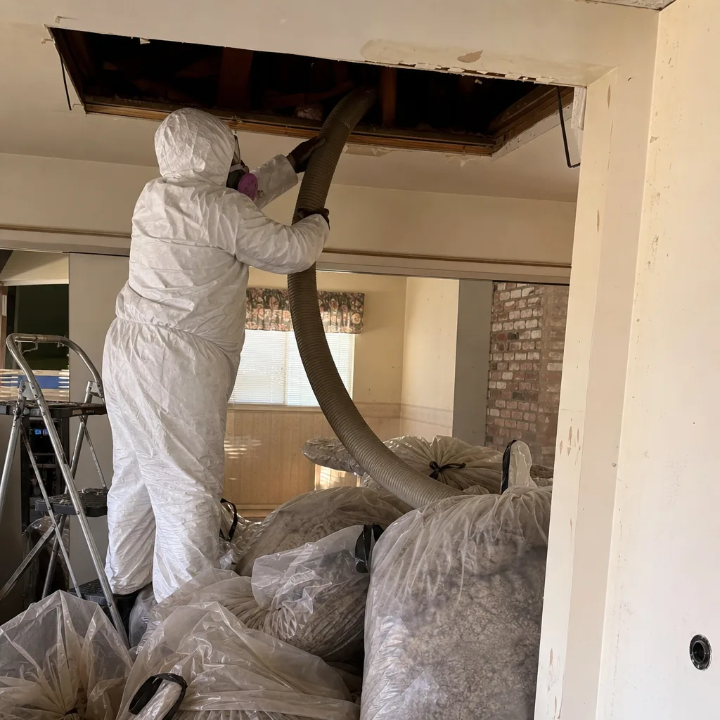 Professional in protective suit performing attic insulation removal and replacement nationwide