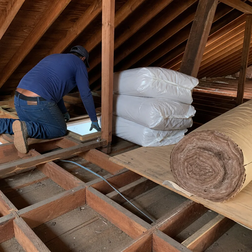 Professional insulation removal service using an industrial vacuum system in a garage. nationwide