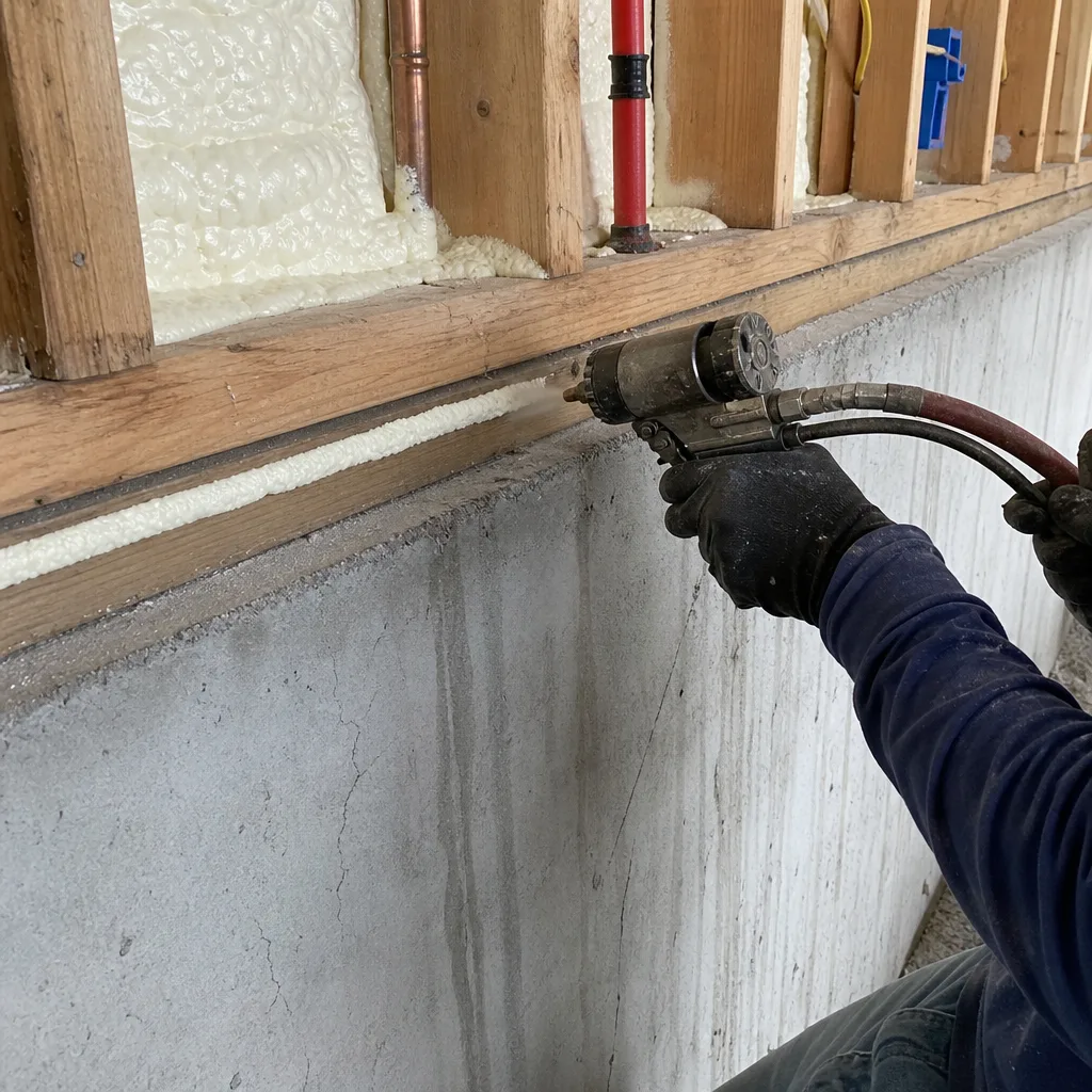 professional applying spray foam insulation to a wall and foundation sill