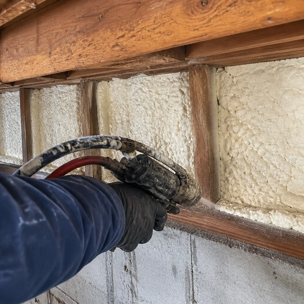 Contractor applying spray foam insulation to ceiling rafters