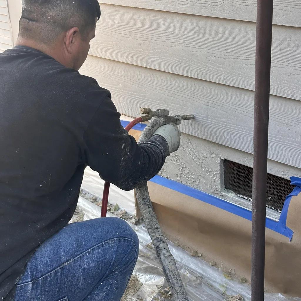 Residential wall insulation service showing filled injection holes on stucco exterior nationwide