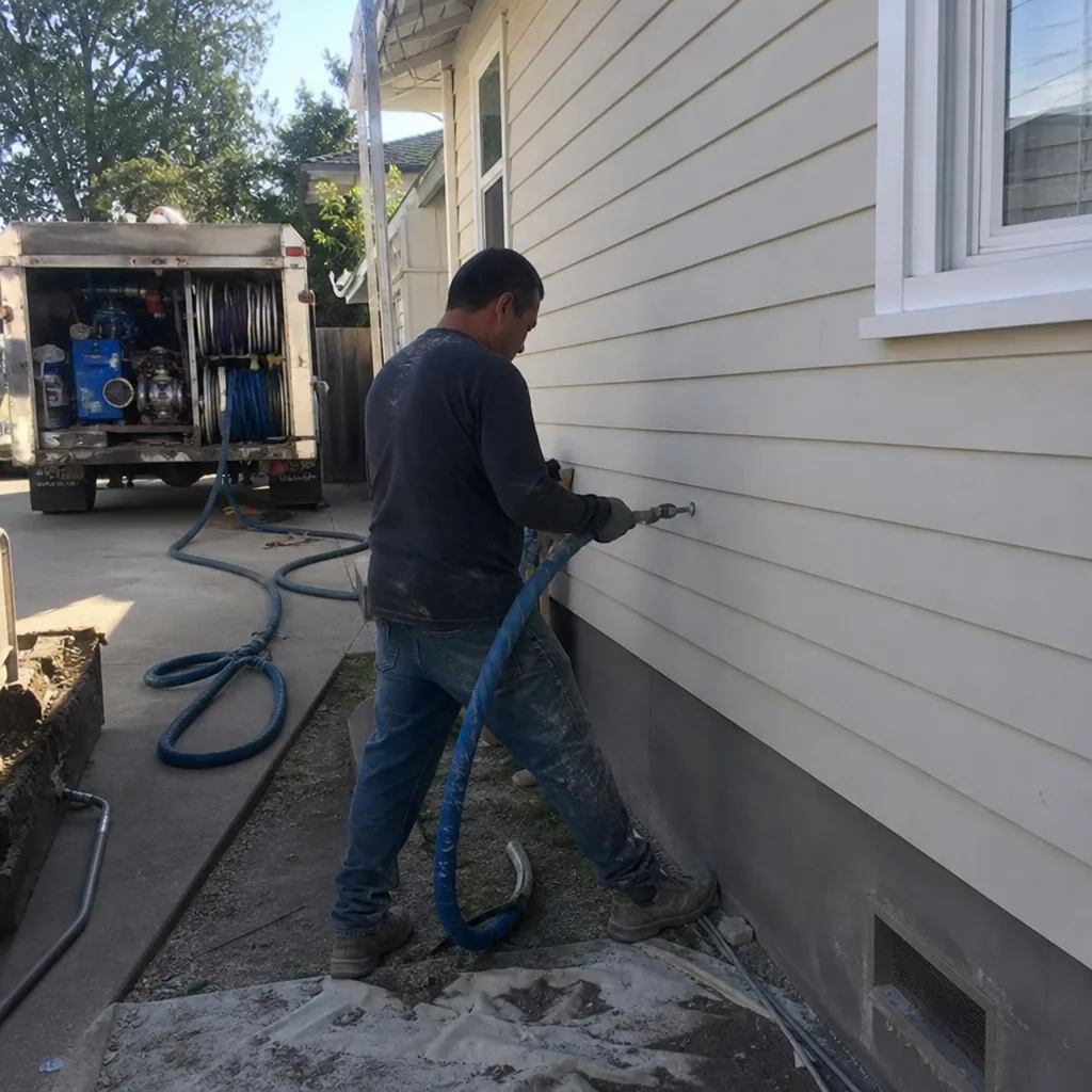 Professional technician performing wall insulation injection on a residential house exterior nationwide